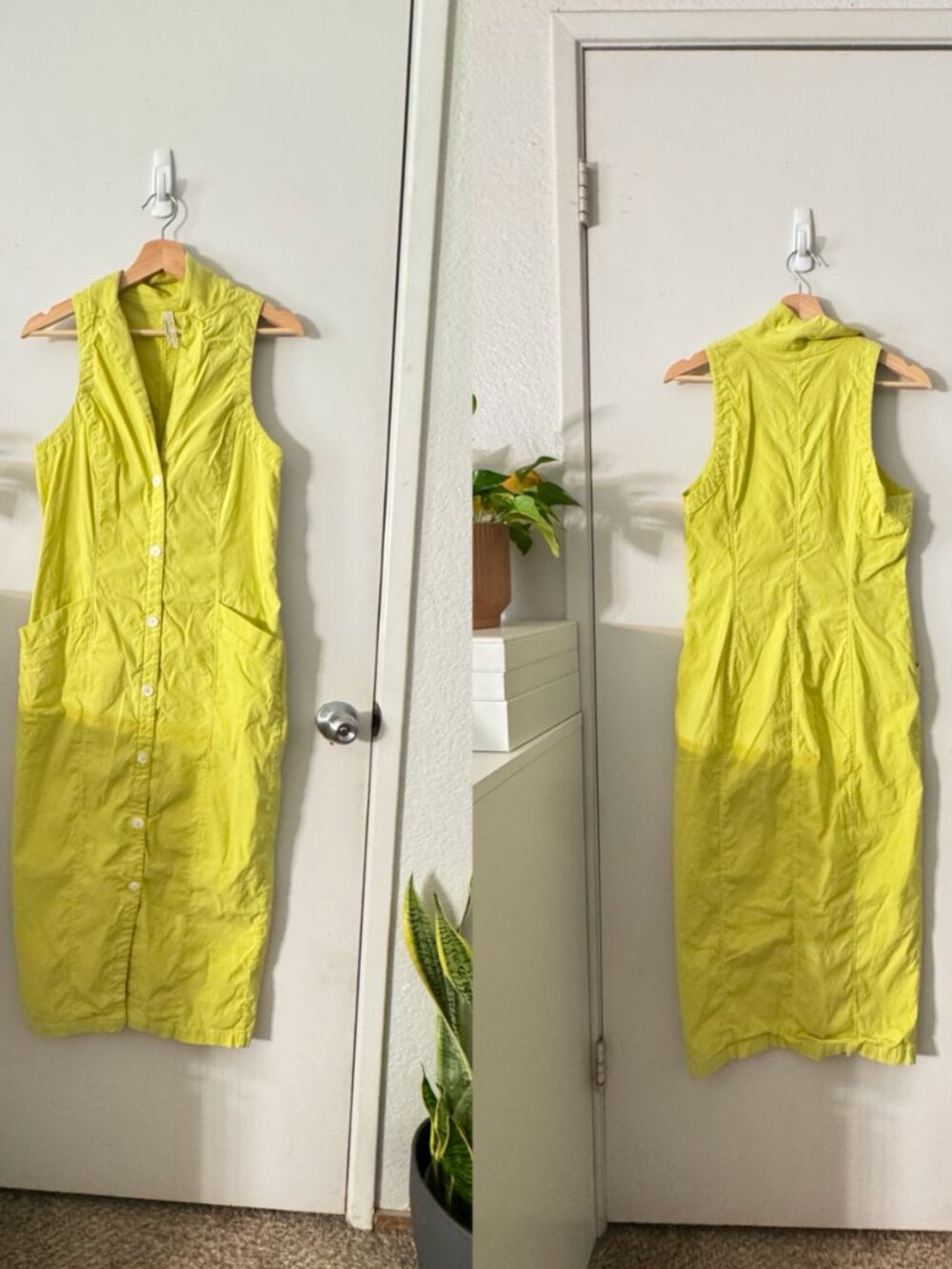 By Anthropologie Sleeveless Shirt Dress Lime Vibrant Button Up Collared Size 12 - Picture 2 of 8